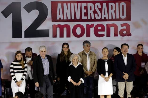 October 2, 2023, Mexico City, Mexico: The president of the National Regeneration Movement party, Mario Delgado; the presidential candidate, Claudia Sheinbaum and the writer Elena Poniatowska, at the event of the 12th anniversary of the founding of the political party before militants and legislators at the Interactive Museum of Economy in Mexico City. on October 2, 2023 in Mexico City, Mexico Mexico City Mexico - ZUMAe321 20231002_zia_e321_016 Copyright: xLuisxBarronx