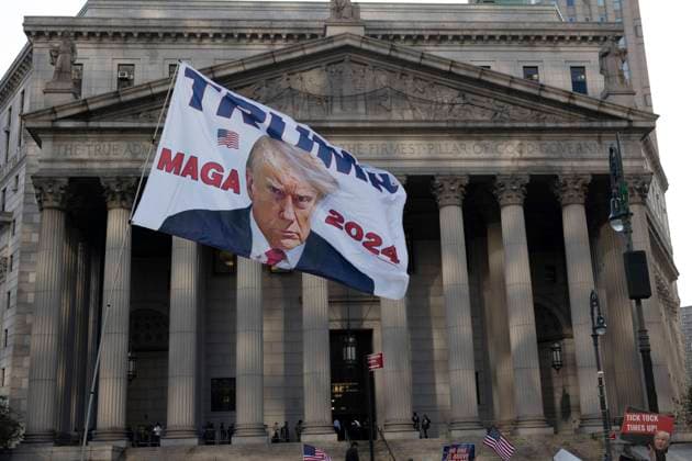October 2, 2023, New York, New York, USA: Opening day of the civil court trial for fraud against Former President Donald Trump and the Trump organization at the New York County Courthouse in ManhattanÃ¢â‚¬â ¢s Civic Center. The charges come from Attorney General of New York Letitia James. A person outside the courthouse holds a large flag with an image of Trump that reads Ã¢â‚¬oeTrump MAGA 2024.Ã¢â‚¬Â An anti-Trump protester holds a sign that reads Tick Tock Times Up. New York USA - ZUMAr174 20231002_znp_r174_045 Copyright: xGinaxMxRandazzox