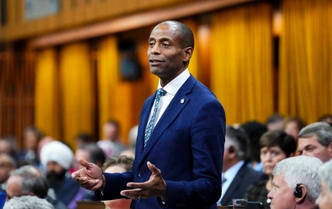 October 3, 2023, Ottawa, ON, CAN: Candidate for Speaker and member of Parliament Greg Fergus delivers a speech in the House of Commons prior to voting on Parliament Hill in Ottawa on Tuesday, Oct. 3, 2023. Ottawa CAN  - ZUMAc35_ 20231003_zaf_c35_035 Copyright: xSeanxKilpatrickx