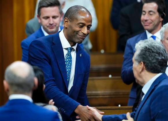 October 3, 2023, Ottawa, ON, CAN: Candidate for Speaker and member of Parliament Greg Fergus shakes hands after delivering a speech in the House of Commons prior to voting on Parliament Hill in Ottawa on Tuesday, Oct. 3, 2023. Ottawa CAN  - ZUMAc35_ 20231003_zaf_c35_037 Copyright: xSeanxKilpatrickx