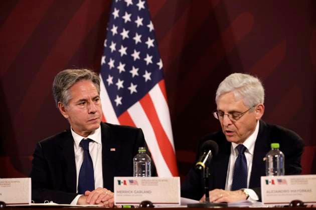Antony Blinken Visit Mexico For High Level Dialogue on Security Between Mexico - USA October 5, 2023, Mexico City, Mexico: Antony Blinken, United States Secretary of State and Merrick Garland, Attorney General of the United States at the press conference within the framework of the High Level Dialogue on Security Mexico - United States at the National Palace in Mexico City. on October 5, 2023 in Mexico City, Mexico (Photo by Luis Barron Eyepix Group). Copyright: xLuisxBarronx xEyepixxGroupx LB_20231005_DIALOGO_MEXEU5