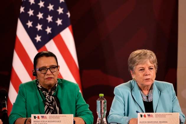 Antony Blinken Visit Mexico For High Level Dialogue on Security Between Mexico - USA October 5, 2023, Mexico City, Mexico: The Chancellor of Mexico, Alicia Barcena and Rosa Icela Rodriguez, Secretary of Federal Security of Mexico at the press conference within the framework of the High Level Dialogue on Security Mexico - United States at the Palace National in Mexico City. on October 5, 2023 in Mexico City, Mexico (Photo by Luis Barron Eyepix Group). Copyright: xLuisxBarronx xEyepixxGroupx LB_20231005_DIALOGO_MEXEU11