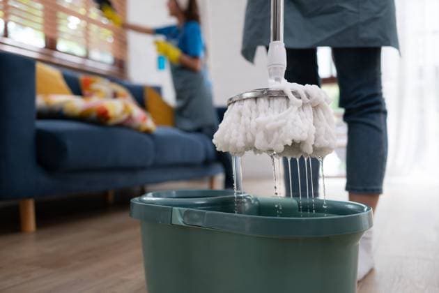 IMAGO Creative: Frühjahrsputz Close-up of mop and bucket with cleaning products in living room Close-up of mop and bucket with cleaning products in living room ,model released, Symbolfoto Copyright: xZoonar.com WosunanxPhotostoryx 20525057 ,model released, Symbolfoto ,property released