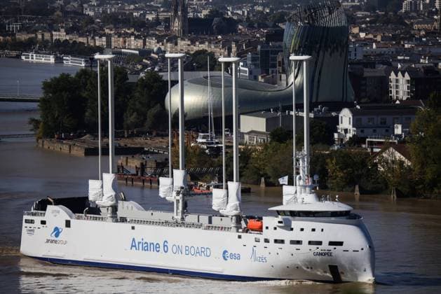 Canopee, 121-Metre Long Cargo Ship - Bordeaux Picture, taken on October 6, 2023, shows the 121-metre long cargo ship Canopee , The CanopÃ e is a 121-metre-long cargo ship propelled by gigantic sails. She is currently in Bordeaux and is due to load parts for the Ariane 6 rocket, bound for French Guiana. With its four 37-metre-high masts, the French vessel CanopÃ e has a sail area of 1,500 square metres. Thanks to the combined power of its engines and the wind, this hybrid cargo ship will transport elements of the Ariane 6 rocket to French Guiana. The 121-metre vessel is manned by 11 crew members, who reported fuel savings of between 15% and 30% during trials. For its French owner, the CanopÃ e is a precursor of less carbon-intensive maritim  Copyright: xMoritzxThibaud ABACAx 870709_034 MoritzxThibaud ABACAx 870709_034