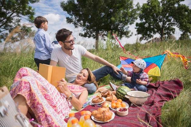 Family enjoying picnic in the countryside, Bavaria, Germany Germany CR_EDDR160709-01940-01 ,model released, Symbolfoto