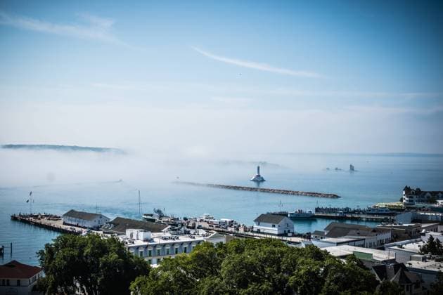 Panoramic view of Lake Huron from Mackinac Island, Michigan. United States, Michigan, Mackinac Island R_YWPB231005-1261422-01