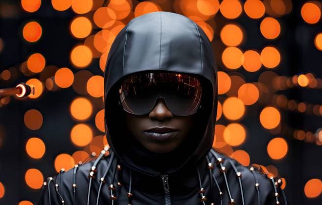 A futuristic man wearing a stylish black leather outfit and sunglasses AI GENERATED IMAGE Astronaut 022 RECORD DATE NOT STATED