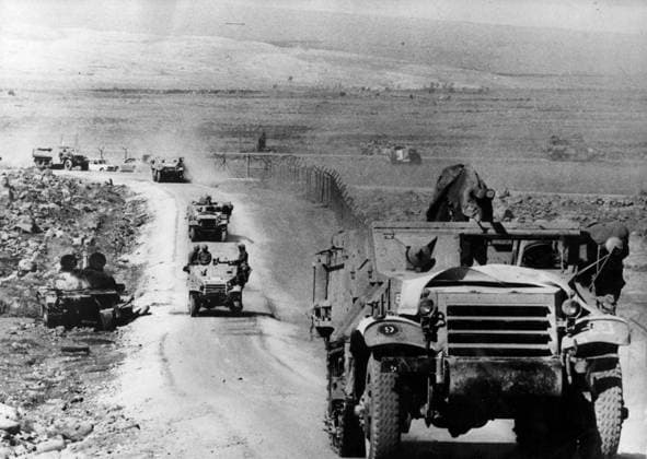 Oct 01, 1973 - Golan Heights, Israel - Also known as the Fourth Arab-Israeli War, Yom Kippur War was fought from October 6 to October 26, 1973 by a coalition of Arab states led by Egypt and Syria against Israel. The war began with a surprise joint attack by Egypt and Syria on the Jewish holiday of Yom Kippur. Egypt and Syria crossed the cease-fire lines in the Sinai and Golan Heights, respectively, which had been captured by Israel in 1967 during the Six-Day War. Many Arab states contributed troops and financial support, and the USSR also provided assistance but ultimately the Arabs buckled under a sustained Israeli counter-attack strengthened by US airlifts. PICTURED: Israeli military column on its way to Syria. Golan Heights Israel - ZUMAk09_ 19731001_nin_k09_794 Copyright: xKeystonexPressxAgencyx