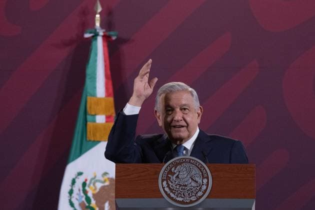 Mexico s President Lopez Obrador Briefing Conference October 10, 2023, Mexico City, Mexico: Mexico s President, Andres Manuel Lopez Obrador gestures while speak during the daily briefing conference at National Palace. on October 10, 2023 in Mexico City, Mexico. (Photo by Alex Dalton Eyepix Group) Copyright: xAlexxDaltonx xEyepixxGroupx IMG_4807