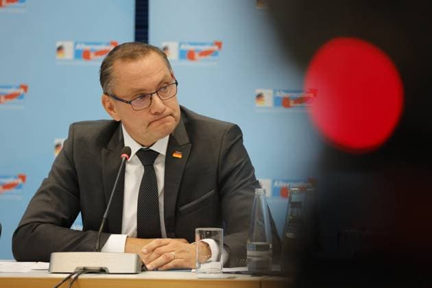 News Themen der Woche KW41 News Bilder des Tages Deutschland, Berlin, Pressekonferenz am Mittwoch, 11. Oktober 2023, mit dem AfD-Fraktionsvorsitzenden Tino Chrupalla zum Vorfall in Ingolstadt *** Germany, Berlin, press conference on Wednesday, 11 October 2023, with AfD parliamentary group leader Tino Chrupalla on the incident in Ingolstadt