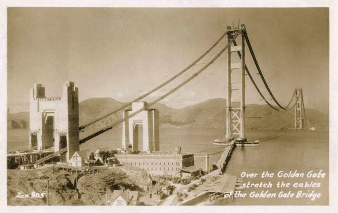 RECORD DATE NOT STATED Golden Gate Bridge, San Francisco, California, USA Golden Gate Bridge under construction, San Francisco, California, USA -- showing the cables stretched across. Date: circa 1935  Copyright: Gemini Picture No. 10812090