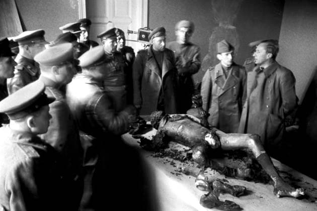 Great Patriotic War of 1941-45 622836 03.05.1945 The Great Patriotic War of 1941-45. Vice Admiral Voss recognizes Goebbels body in the presence of Soviet officers. Vladimir Grebnev Sputnik Berlin Germany  Copyright: xVladimirxGrebnevx