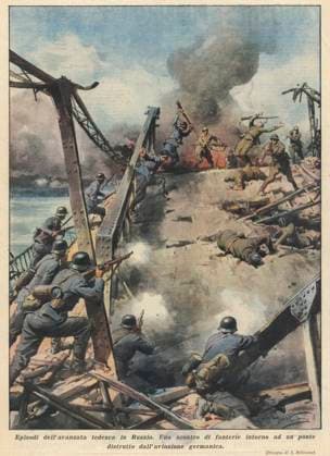 RECORD DATE NOT STATED FIGHTING FOR A BRIDGE As the Germans advance into Russia, the Red Army resists them every step of the way : the Germans take this bridge, but only after dealing with fierce opposition Date: June 1941  Copyright: Gemini Picture No. 10080581