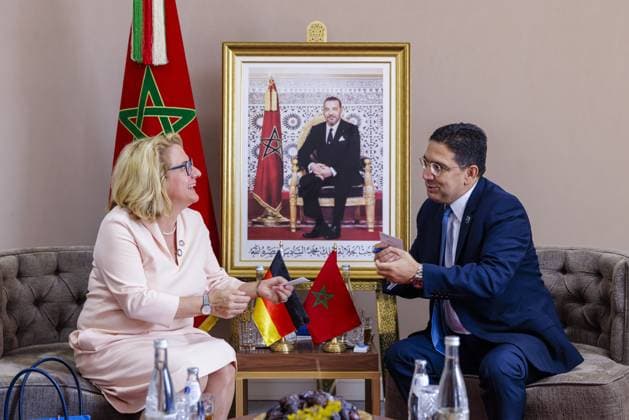 News Themen der Woche KW41 News Bilder des Tages Svenja Schulze (SPD), Bundesministerin fuer wirtschaftliche Zusammenarbeit und Entwicklung, trifft Nasser Bourita, Aussenminister des Koenigreichs Marokko am Rand des World Bank Group, International Monetary Fund, in Marrakech Marrakech, 12.10.2023. Marrakech *** Svenja Schulze SPD , Federal Minister for Economic Cooperation and Development, meets Nasser Bourita, Minister of Foreign Affairs of the Kingdom of Morocco on the sidelines of the World Bank Group, International Monetary Fund, in Marrakech Marrakech, 12 10 2023 Marrakech. Copyright: xUtexGrabowskyx