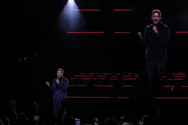 Michael Buble ˜Higher Tour ˜ Live Concert October 12, 2023, Mexico City, Mexico: Canadian singer Michael Buble performs on stage during their Higher Tour 2023 at Mexico City Arena. on October 12, 2023 in Mexico City, Mexico. (Photo by Ismael Rosas Eyepix Group) Copyright: xIsmaelxRosas xEyepixxGroupx IR_12102023_101367