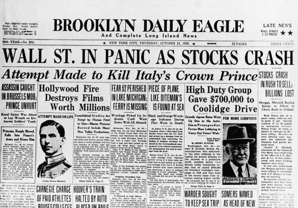 RECORD DATE NOT STATED The Brooklyn Daily Eagle Front Page from October 24th, 1929: Stocks Crash - Great Depression, 1929. Private Collection. Copyright:x xFinexArtxImages HeritagexImagesxx IMAGO, ! ACHTUNG: AUFNAHMEDATUM GESCHÄTZT!  Copyright: xFinexArtxImages HeritagexImagesxx IMAGO