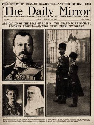 RECORD DATE NOT STATED The Daily Mirror Front Page from March 16th, 1917: Abdication of the Tsar of Russia..., 1917. Private Collection. Copyright:x xFinexArtxImages HeritagexImagesxx IMAGO, ! ACHTUNG: AUFNAHMEDATUM GESCHÄTZT!  Copyright: xFinexArtxImages HeritagexImagesxx IMAGO