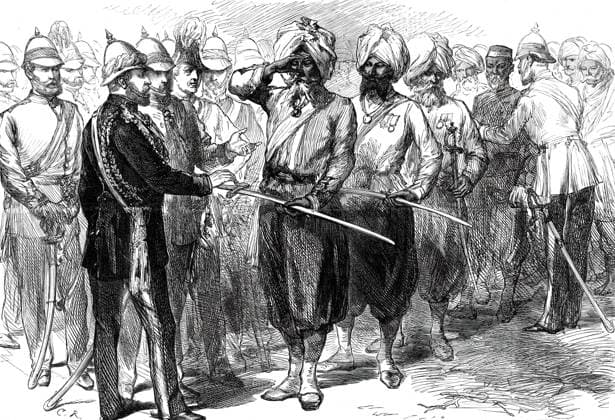 RECORD DATE NOT STATED The Prince of Wales receiving the survivors of the Defence of Lucknow, from a sketch by one of our special artists, 1876. In order to give more effect to the ceremony of laying the stone, which the Prince performed, the troops presenting arms and artillery saluting, the survivors of the native defenders had been collected from Oude and other parts of India. These, in their old uniforms, were drawn up close at hand...Among those present was old Ungud, the famous spy, and Carronjee Lai , the companion of Kavanagh in his daring venture. The Prince spoke very kindly of them at the native entertainment on the next evening. Altogether, taking all the circumstances into consideration, the scene was most touching; and more than one eye filled with  Copyright:ThexPrintxCollector HeritagexImagesxC.R.x IMAGO