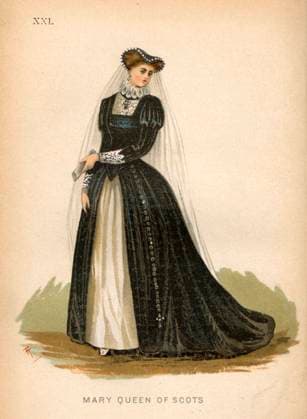 RECORD DATE NOT STATED Mary, Queen of Scots Fancy dress costume - Mary, Queen of Scots. Generally represented in black velvet and white satin. The velvet robe opens straight down over the satin petticoat, at a little distance from the centre, while the bodice is a low square over quilted satin habit shirt. The sleeves have one puff near the top and are straight to the wrist with lace cuffs turning upwards. A close ruff around the neck and a black velvet Stuart cap bordered with pearls trailing a clear muslin veil edged with lace hanging at the back. A rosary is worn at the side and a medallion or cross hung at the neck. Easy. Date: 1884  Copyright: Gemini Picture No. 10470333