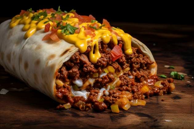 A flavorful beef burrito wrapped neatly, showcasing the rich Mexican culinary tradition. Authentic Mexican Beef Burrito Copyright: xFilippoxCarlotx COMM (11503)