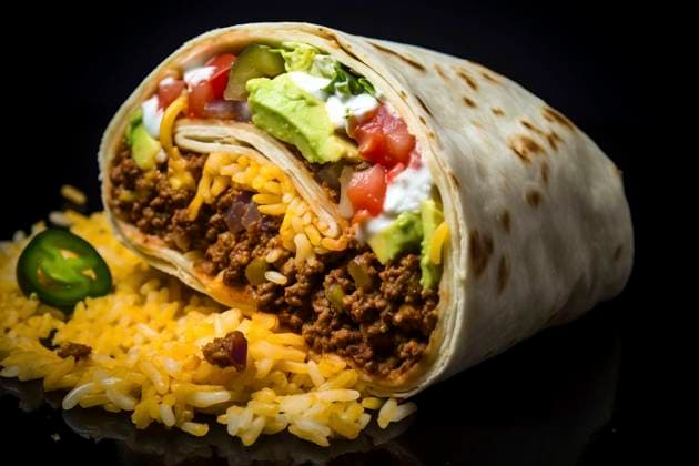 A flavorful beef burrito wrapped neatly, showcasing the rich Mexican culinary tradition. Authentic Mexican Beef Burrito Copyright: xFilippoxCarlotx COMM (11517)