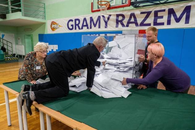 News Themen der Woche KW41 2023 Polish parliamentary election Photo: Lukasz Gdak East News Members of the electoral commission open the ballot box at a polling station to start counting the votes after the conclusion of the Polish parliamentary election on October 15, 2023 in Poznan, Poland. Polish citizens are electing 460 members of the Sejm (lower chamber of Parliament) and 100 senators. EN_01600390_0033 
