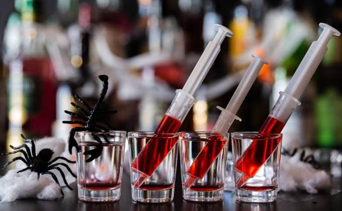 creepy halloween party cocktails with syringes of grenadine syrup as blood, shot drinks at party, scary bar , 38409604.jpg, alcohol, alcoholic, bar, bartender, beverage, black, blood, bloody, boo, bottle, celebration, closeup, cobweb, cocktail, creepy, dark, decor, drink, event, evil, fall, fun, glass, grenadine, halloween, horrible, horror, ice cubes, magic, mix, mixed drink, mixing, orange, party, poison, pumpkin, raspberry, recipe, restaurant, scary, shot, spices, spicy, spider, spooky, sweet, tequila, treat, vodka RECORD DATE NOT STATED