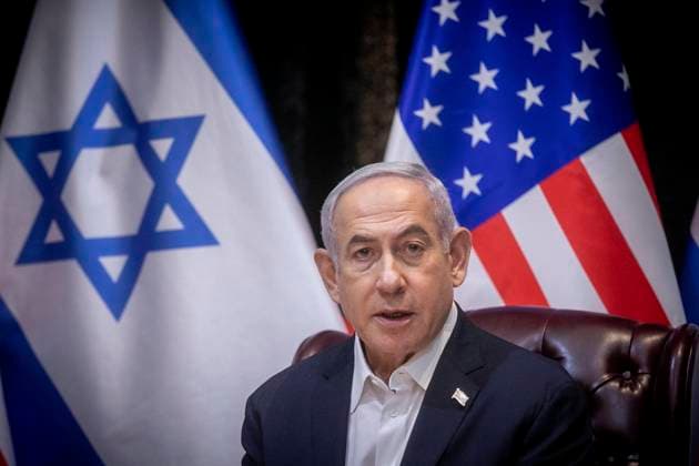 Israeli Prime Minister Benjamin Netanyahu speaks during meeting with U.S. President Joe Biden (not shown) to discuss the war between Israel and Hamas, in Tel Aviv, Israel, Wednesday, October 18, 2023. Pool  JERX20231018111 MiriamxAlster