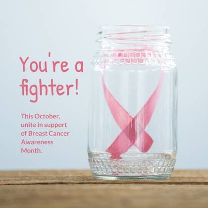 This october unite in support of breast cancer awareness month text, pink ribbon in glass jar. Composite, you re a fighter, pink october, medical, healthcare, support and prevention concept. RECORD DATE NOT STATED