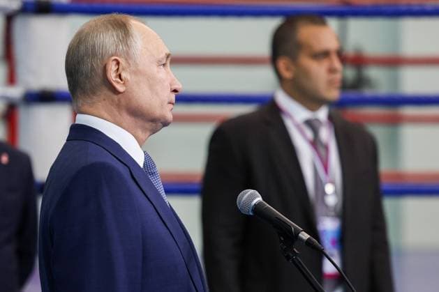 RUSSIA, PERM - OCTOBER 19, 2023: Russia s President Vladimir Putin (L) opens sport facilities in the city of Perm via a video link. Gavriil Grigorov Russian Presidential Press and Information Office TASS  63517850