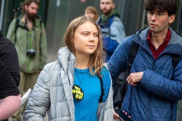 October 19, 2023, London, England, United Kingdom: GRETA THUNBERG is seen at a climate protest in Canary Wharf in London as activists protest Barclays and JP Morgan banks. London United Kingdom - ZUMAs262 20231019_zip_s262_015 Copyright: xTayfunxSalcix