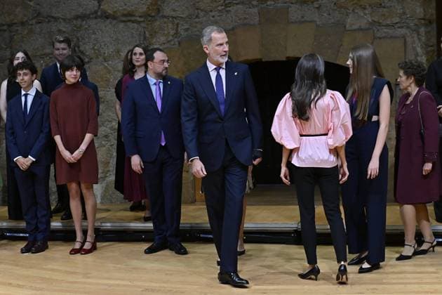 King Felipe VI and Queen Letizia with Princess Leonor and Infanta Sofia attend the concert of the Princess of Asturias Awards in Oviedo October 19, 2023 711 Antonio Quilez Cordon Press Spanish King Felipe VI and Letizia with Princess of Asturias Leonor de Borbon and Sofia de Borbon during