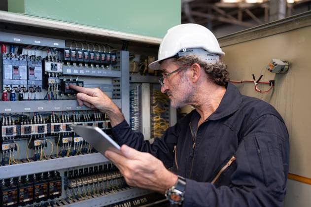 Senior engineer inspects the electrical system and repairs the mechanical system in the machine control cabinet. in order for the machine to return to normal operation Senior engineer inspects the electrical system and repairs the mechanical system in the machine control cabinet. in order for the machine to return to normal operation ,model released, Symbolfoto Copyright: xZoonar.com SunanxWongsa-ngax 20541992 ,model released, Symbolfoto ,property released