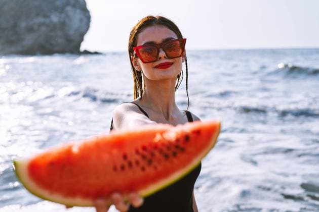 cheerful pretty woman in black swimsuit watermelon fashion travel. High quality photo, model released, , 42044530.jpg, beach, watermelon, summer, woman, girl, fruit, food, model, diet, beauty, vacation, travel, healthy, water, smile, blue, fashion, lady, sexy, red, sea, background, person, hat, sunglasses, summertime, hot, slice, portrait, concept, glamour, hand, lips, color, round, seeds, cat, up, bracelet, lipstick, hold, manicure, heat, nature, nutrition, melon, wood, quench, hungry, laugh RECORD DATE NOT STATED