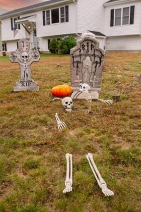 Outdoor Halloween Decorations; Graveyard and Skeletons United States, Connecticut, Southington R_ASOG231022-1269495-01 ,property released