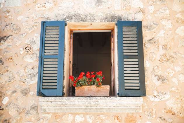 Window with red flower pot, PCLF00640
