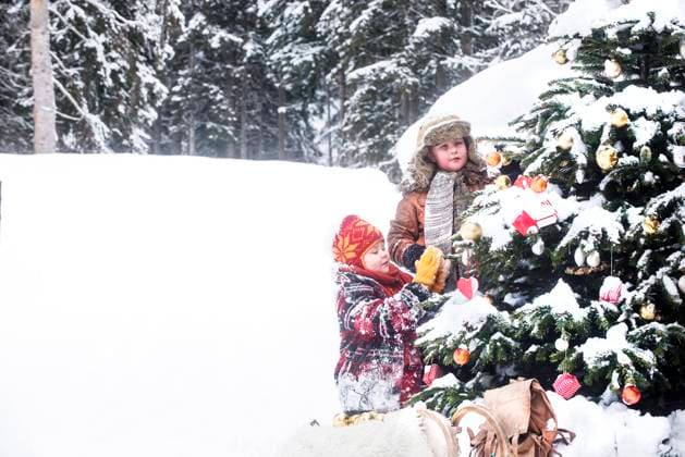 Siblings decorating Christmas tree in snow model released, Symbolfoto, HHF05944