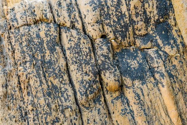 Layered rock formations with black lichen patches at Arnia Beach in Cantabria, Spain Model Released HodeiUnzueta_ID16877_515573_010 Copyright: xHodeixUnzuetax
