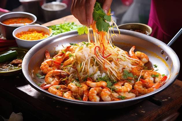 Photo of a delicious pan of Asian street food filled with shrimp and noodles created with Generative AI technology Model Released TheTrioStudio_ID16911_516583_005 Copyright: xThexTrioxStudiox RECORD DATE NOT STATED