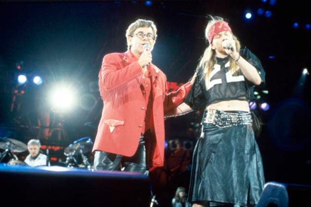 Rose, Axl & John, Elton Axl Rose of Guns n Roses and Elton John performing live at the Freddie Mercury Tribute Concert at Wembley Stadium, London on April 20th 1992. Michael Putland Retna Photoshot Credit All Uses, Credit:Michael Putland Avalon  Copyright: xMichaelxPutlandx xAvalonx 0517022165