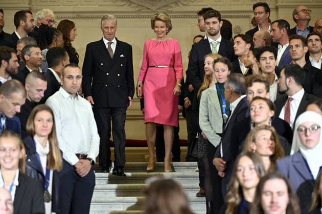 Entertainment Themen der Woche KW43 Entertainment Bilder des Tages King Philippe - Filip of Belgium and Queen Mathilde of Belgium pictured during a royal reception for successful athletes in 2023, at the Royal Castle in Laken - Laeken, Brussels on Thursday 26 October 2023. The King and Queen invited winners of a medal on European or World Championships or the European Games in Krakau.  ERICxLALMAND 78577136