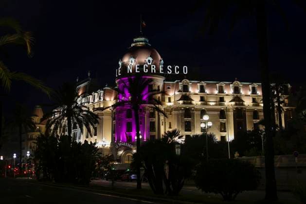 The Palace Hotel Negresco in Pink October color, to support the fight against breast cancer. France. Francois Glories MAXPPP - 27 10 2023 The Palace Hotel Negresco on the Promenade des Anglais in Nice, lit up in pink, to support Breast Cancer during the month of Pink October. Nice France. October 27 2023.  Copyright: xMAXPPPxFrancoisxGloriesx GLR202310279837 GLR202310279837