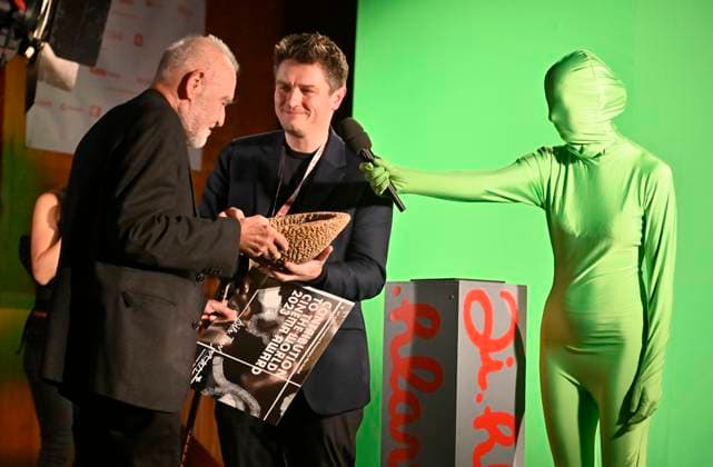 Closing ceremony of the 27th International Documentary Film Festival Ji.hlava, was held in Jihlava, Czech Republic, on October 23, 2023. The award for contribution to world cinema was presented to Hungarian director Bela Tarr (left) by festival president Marek Hovorka (centre). (CTKxPhoto LubosxPavlicek) CTKPhotoP2023102806362  CTKPhotoP2023102806362