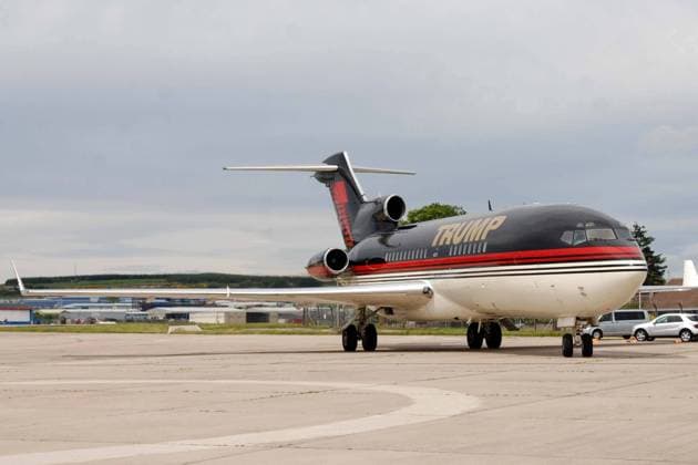 US billionnaire Donald Trump arrives in Scotland in his private jet to attend the public inquiry into his proposed $2bn golf course project near Aberdeen 22717, ABERDEEN, UNITED KINGDOM - Monday June 9 2008. US billionaire Donald Trump arrives in Scotland in his private jet to attend the public inquiry into his proposed $2bn golf course project near Aberdeen. Trump flew in to argue his case for the luxury golf resort after months of acrimony between the entrepreneur and local residents. Donald s never-entirely-convincing hair suffered somewhat in the Scottish breeze! Photograph: Donald Stewart, PacificCoastNews.com UK OFFICE: +44 131 225 3333 3322 US OFFICE: 1 310 261 9676, Credit:Donald Stewart, Pacif  Copyright: xDonaldxStewart,xPacificCoastNews.comx xAvalonx 0524034958