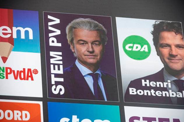 Amsterdam The Netherlands 1st November 2023. Party political posters of the parties taking part in the upcoming Dutch Parliamentary elections. On November 22nd the Dutch heads to the polls to vote for the second chamber of parliament. Poster Stem PVV Vote PVV with an image of leader Geert Wilders verkiezing, verkiezingen, 2de, tweede, kamer, poster, posters, partij,