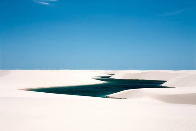 view of lagoa azul in desert white sand dunes of the Lencois Maranheses National Park in brazil Copyright: FranckxCamhi 32139697 RECORD DATE NOT STATED