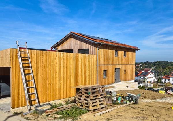 Construction site with a wooden house in Pfaffenhofen a.d.Ilm, Bavaria, Germany, Oct 08, 2023.