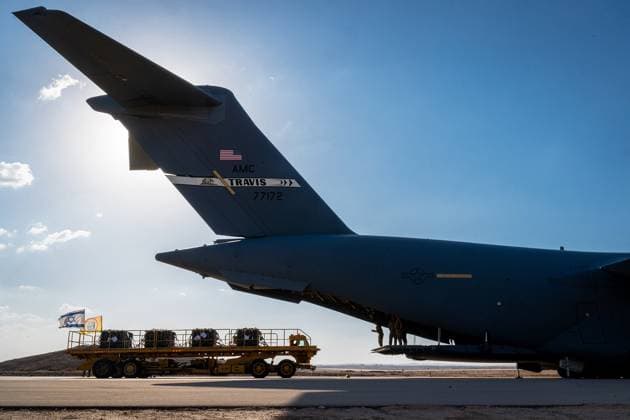 October 15, 2023 - Nevatim Base, Israel - Airmen assigned to Ramstein Air Base, Germany, offload cargo to the Israeli military, Oct. 15, 2023, at Nevatim Base. The mission provided the Israel Defense Forces with additional resources, which includes vital munitions, and emphasized the United States unwavering and ironclad support for both the Israel Defense Forces and the Israeli people. Nevatim Base Israel - ZUMAz03_ 20231015_shn_z03_260 Copyright: xU.S.xAirxForcex