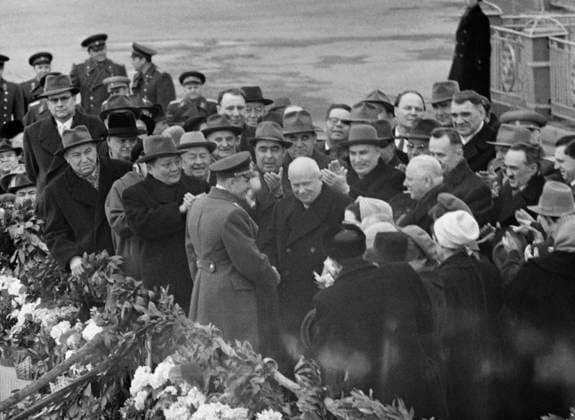 Moscow, USSR. Soviet cosmonaut, the first human to journey into outer space Yuri Gagarin, First Secretary of the Communist Party of the Soviet Union, Chairman of the Council of Ministers of the Soviet Union Nikita Khrushchev (L-R, foreground), First Secretary of the Mongolian People s Revolutionary Party Central Committee, Chairman of the Council of Ministers of the Mongolian People s Republic Yumjaagiin Tsedenbal (L, background) and Chairman of the Presidium of the Supreme Soviet of the USSR Leonid Brezhnev (C, background) attend the welcoming ceremony for Yuri Gagarin at the Vnukovo airport. Valery Gende-Rote TASS  32416147