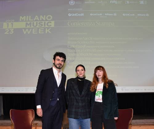 Milan, Italy MILANO MUSIC WEEK 2023 event presentation with Francesca Michielin and Nur Al Habash artistic director of MILANO MUSIC WEEK with institutions and sponsors In the photo: Tommaso Sacchia, Councilor for Culture, Municipality of Milan, Al Habash artistic director of MILANO MUSIC WEEK, Francesca Michielin singer  Copyright: x xipa-agency.netx xNickxZonnax IPA_Agency_IPA41451538